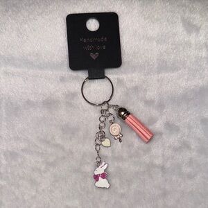 Handcrafted- Silver tone Easter keychain - bunny lollipop and heart pink tassel